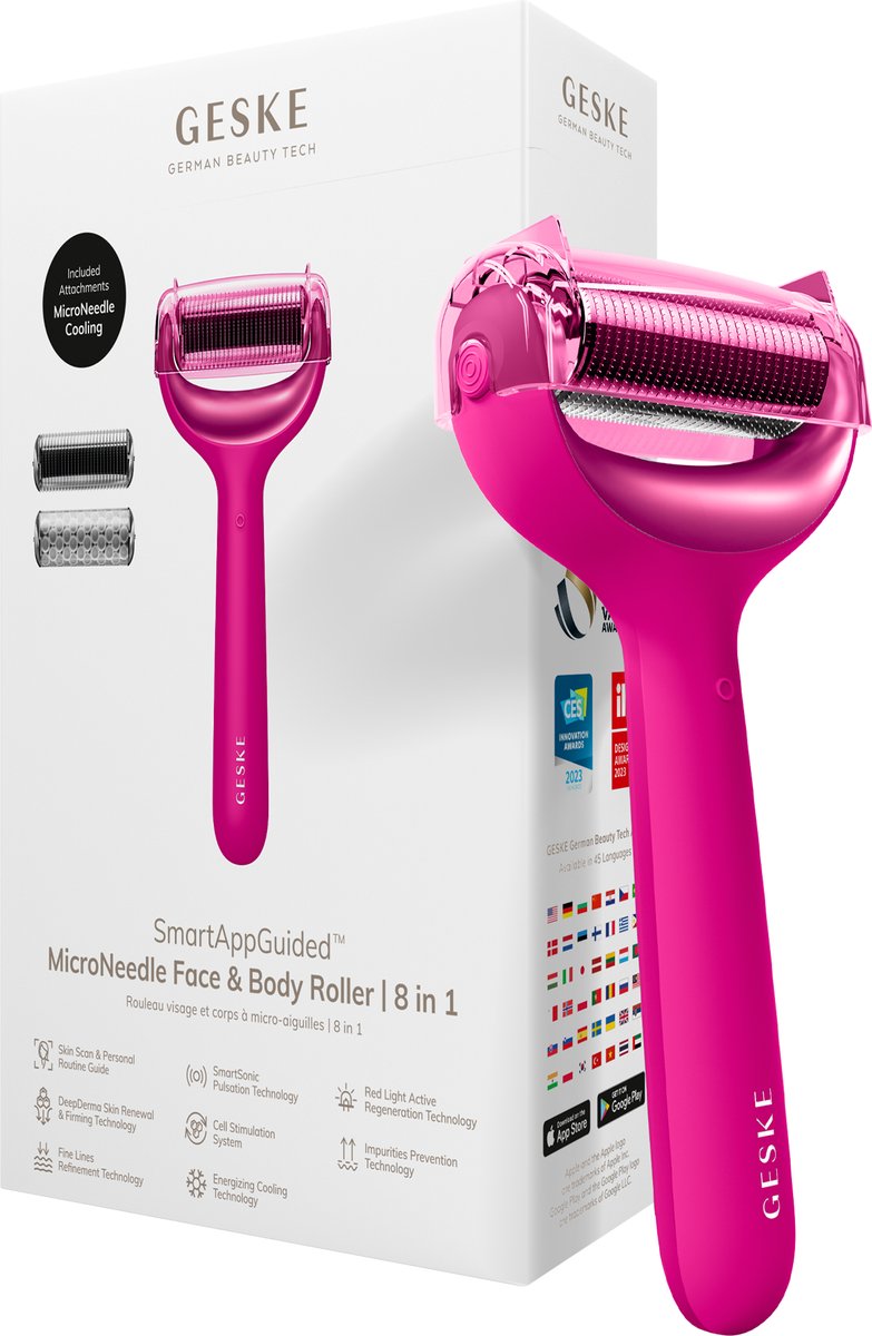 GESKE | SmartAppGuided™ MicroNeedle Face & Body Roller | 8 in 1 | Elektrische dermaroller | Microneedling | Microneedling-apparaat | Naaldrol | Naaldroller | Schoonheidsroller voor gezicht en lichaam