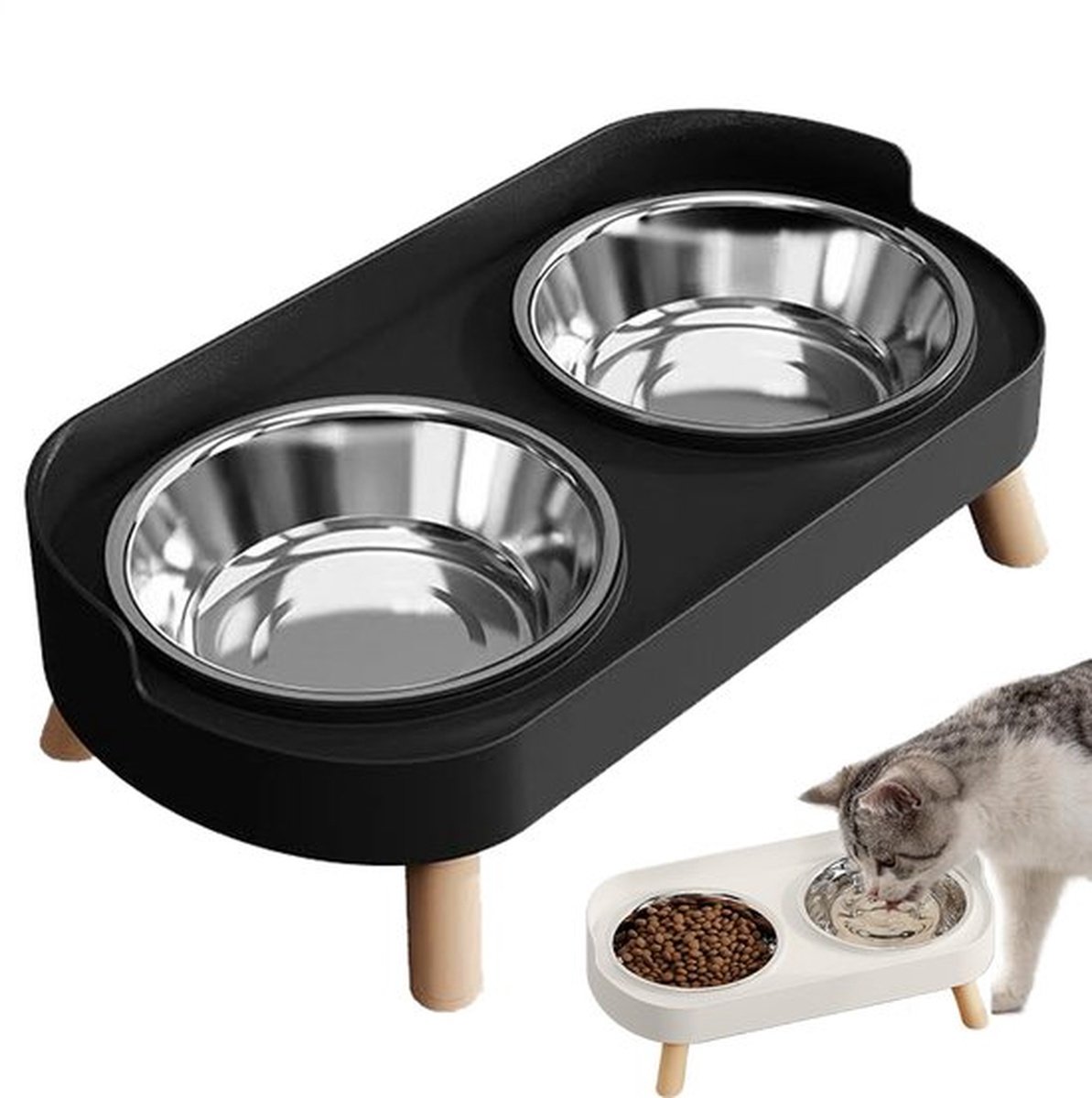 Verhoogde kattenbak - Set met verhoogde voer- en waterbakken voor binnenkatten, spatwaterdicht, inclusief 2 roestvrijstalen voer- en waterbakken, bestand tegen snorhaarvermoeidheid en vaatwasmachinebestendig