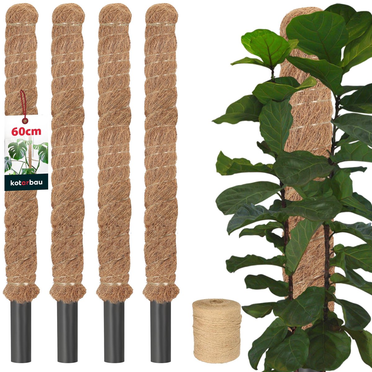 KOTARBAU® 4 st Kokosstok, Plantenstok, ⌀ 3,2 x 60 cm, Kokosstaaf, Klimhulp Monstera, Bruin, Kokosvezel, Klimhulp, Plantenstaaf, Kokosstok voor Monstera, Kokosstaaf voor Klimplanten
