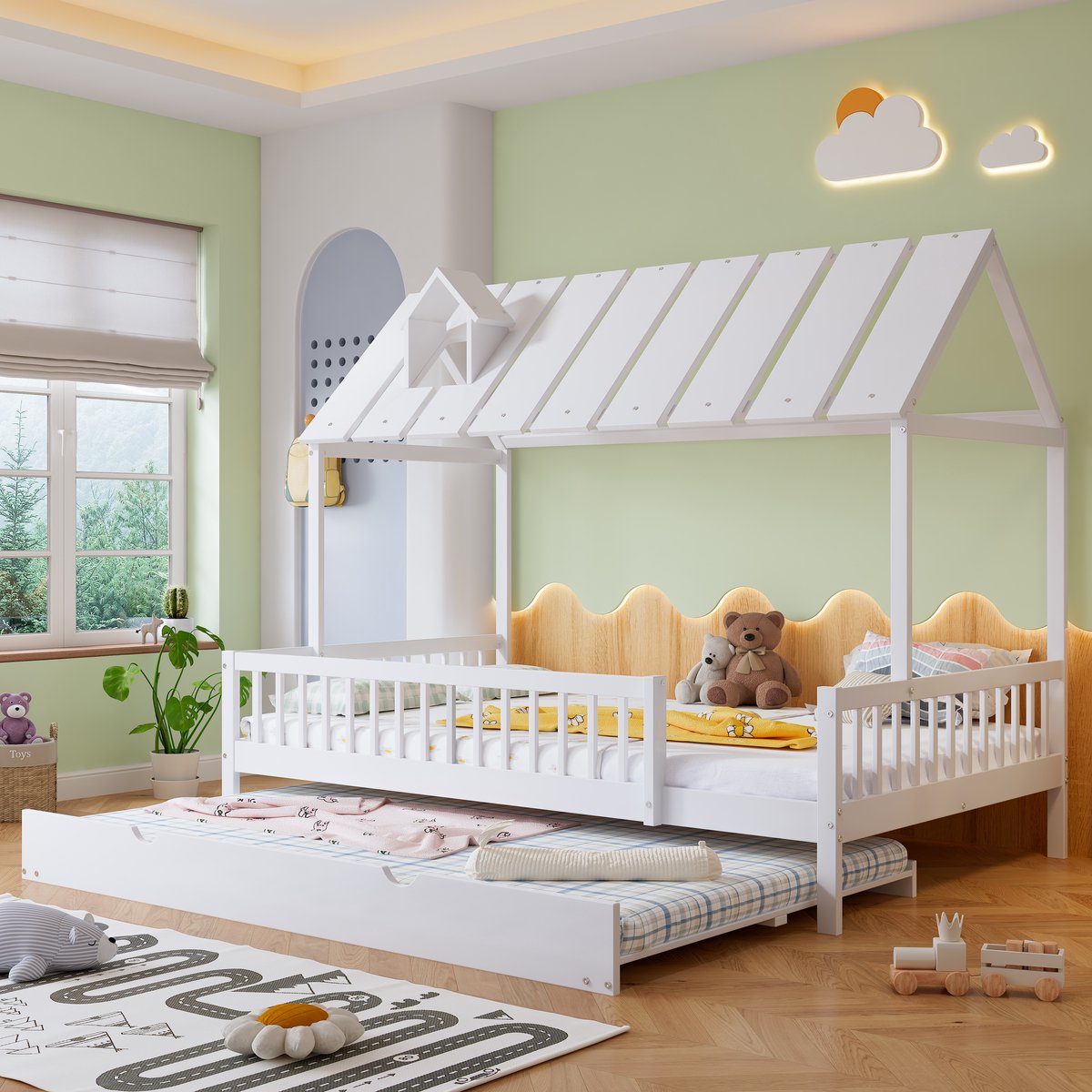 Huisbed met uitschuifbed, dak met schoorsteenlijst, kinderbed, jeugdbed, met 3-zijdig hekw