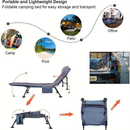 Veldbed-ligbed voor in de tuin-Met zijvak en matras-Verstelbaar in 5 standen- Draagbaar ligbed voor buiten,Kamperen,Vissersbed-GRIJS. van Merkloos — afbeelding 4