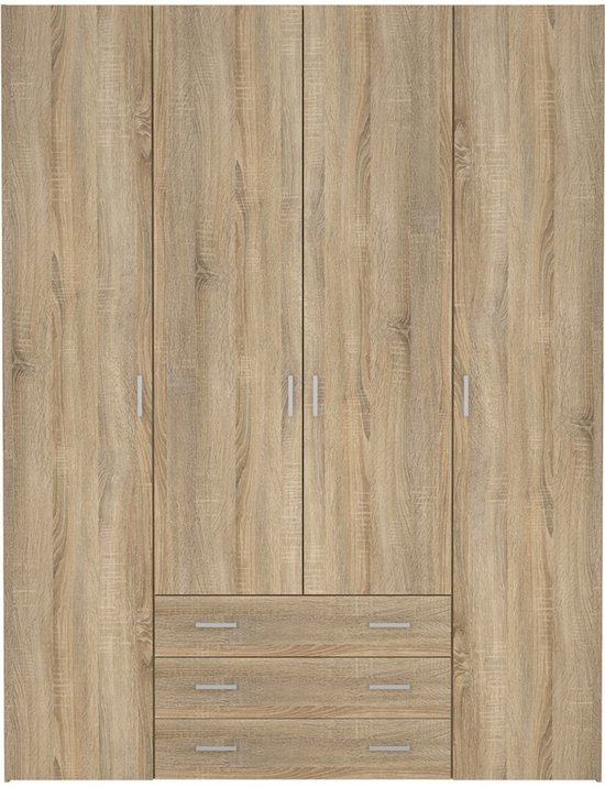 Kledingkast Slaapkamer Naturel - 4-deurs met 3 lades - MDF - 154x50x200cm
