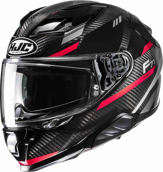 Zwarte HJC F71 Carbon motorhelm met rood en zilver patroon.
