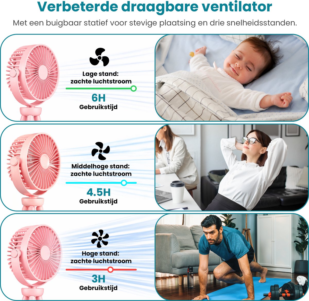 Twenty4seven® Handventilator met Octopus - Draagbare Ventilator Oplaadbaar - Hand Tafelventilator Draadloos - Kinderwagen Mini Fan met 3 Standen — afbeelding 3