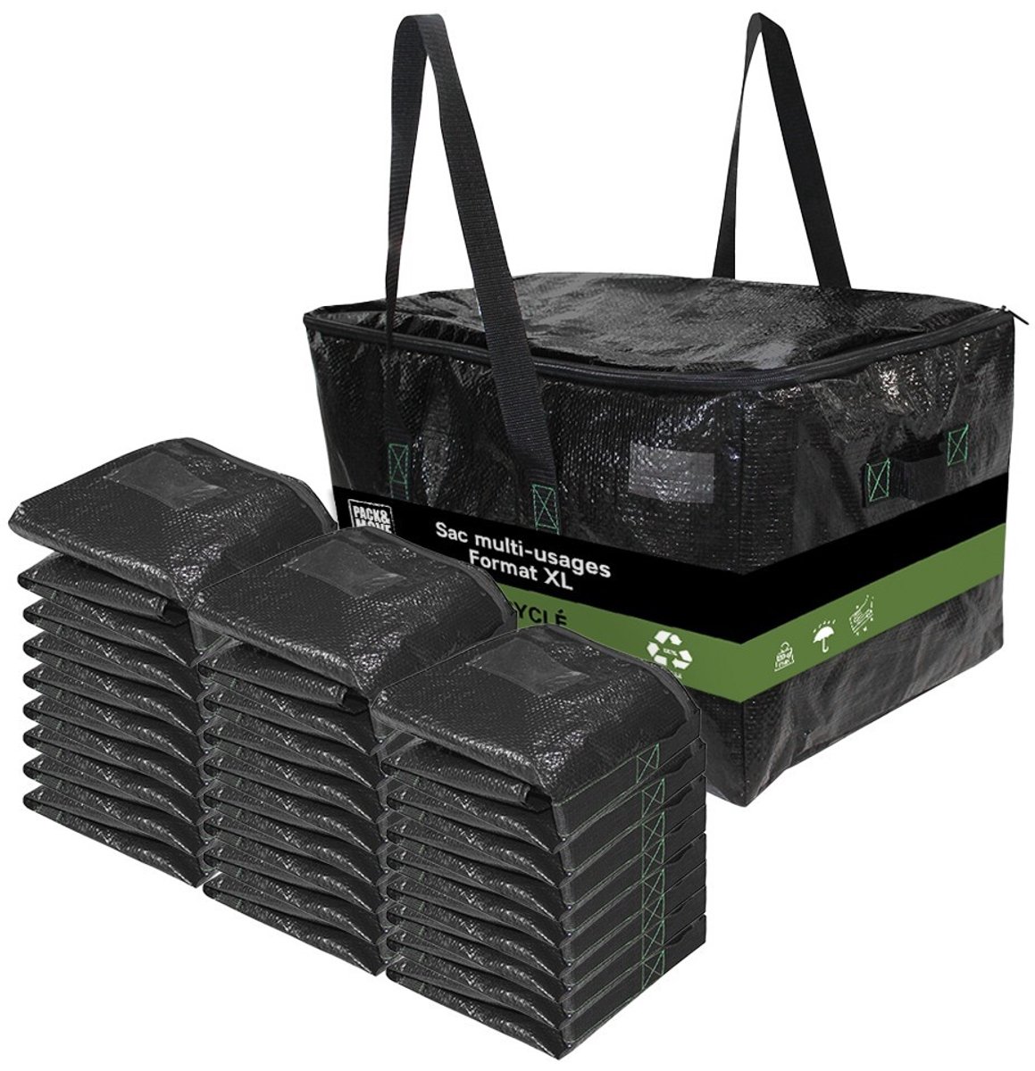 Pack and Move - Set 24 Gerecyclede Opbergtassen - 55 x 35 x 30 cm - Stevige handgrepen - Verhuizing en Transport - Ultra Sterk - Herbruikbaar - 55L