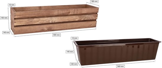 Afmetingen van een houten plantenbak (600x180x150 mm) en een bruine plastic bak (540x140x120 mm).