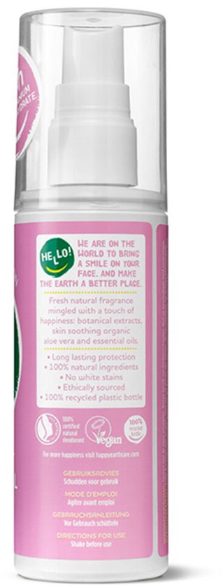 Een flesje Happy Earth deodorant spray met roze label, 100ml. Met biologische aloë vera en essentiële oliën.