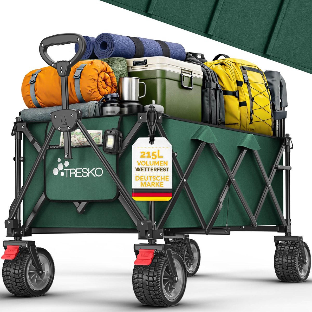 TRESKO® Bolderwagen opvouwbaar 215L met rem | Handwagen inklapbaar 150kg incl. massief rubberen banden | Opvouwbare strandwagen extra brede all-terrain wielen | Transportwagen met draagtas