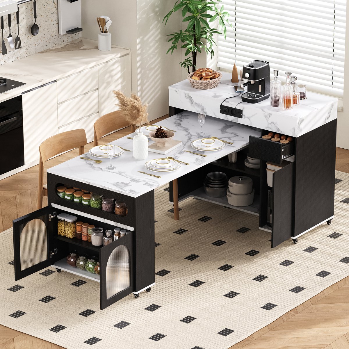 Keukeneiland op wielen - uitschuifbare eettafel met stopcontactstrook en geëtst glas - dressoir met laden - zwart