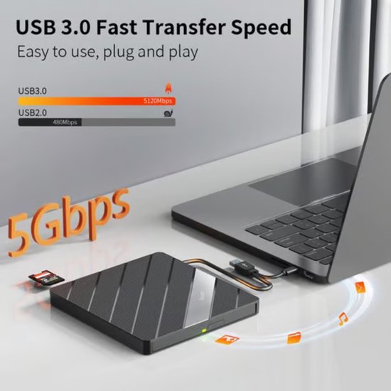Vyzio - Externe DVD Speler & Brander - USB 3.0 & USB-C Hub - Externe CD Speler voor Laptop, Mac & Windows - Inclusief Kaartlezer & USB-Poorten - Plug & Play - Zwart - LAPDISC van Vyzio — afbeelding 4
