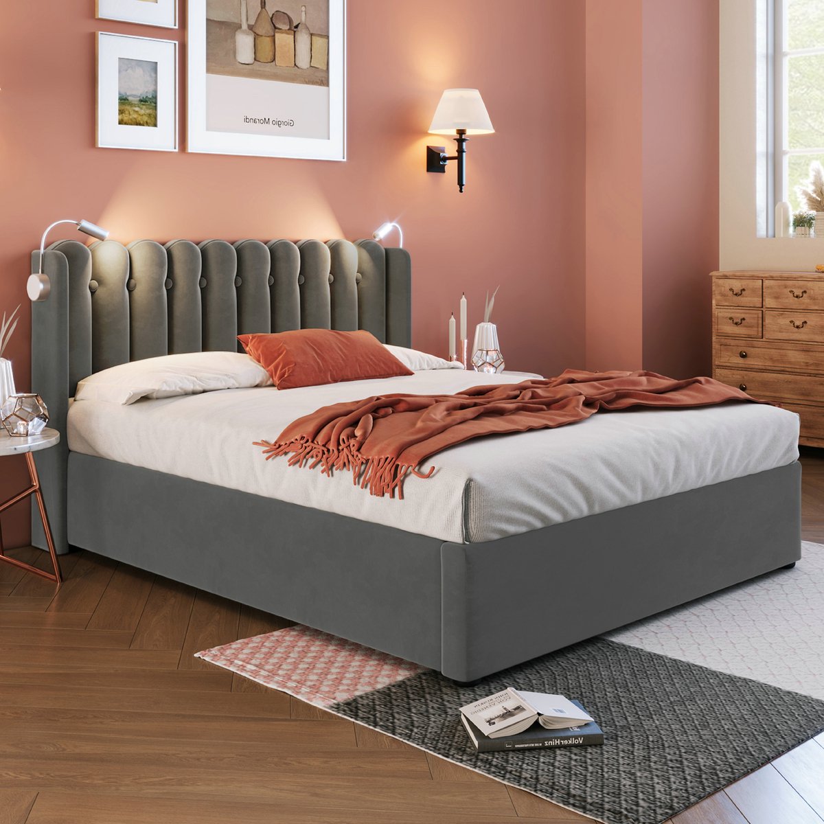 VVBV Bed met opbergruimte 160x200 / Tweepersoonsbed 160x200 – met USB, Lattenbodem – Hoofdbord – Tienerbed – Fluweel – Grijs – Zonder Matras