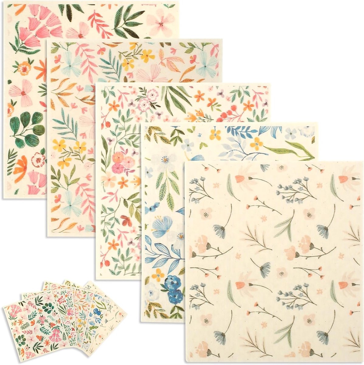 Herbruikbare Zweedse Afwasdoeken - Wasbare Sponsdoeken voor Keuken, Tafel en Glas - 5 Stuks met Bloemenpatroon, 17 x 19,5 cm