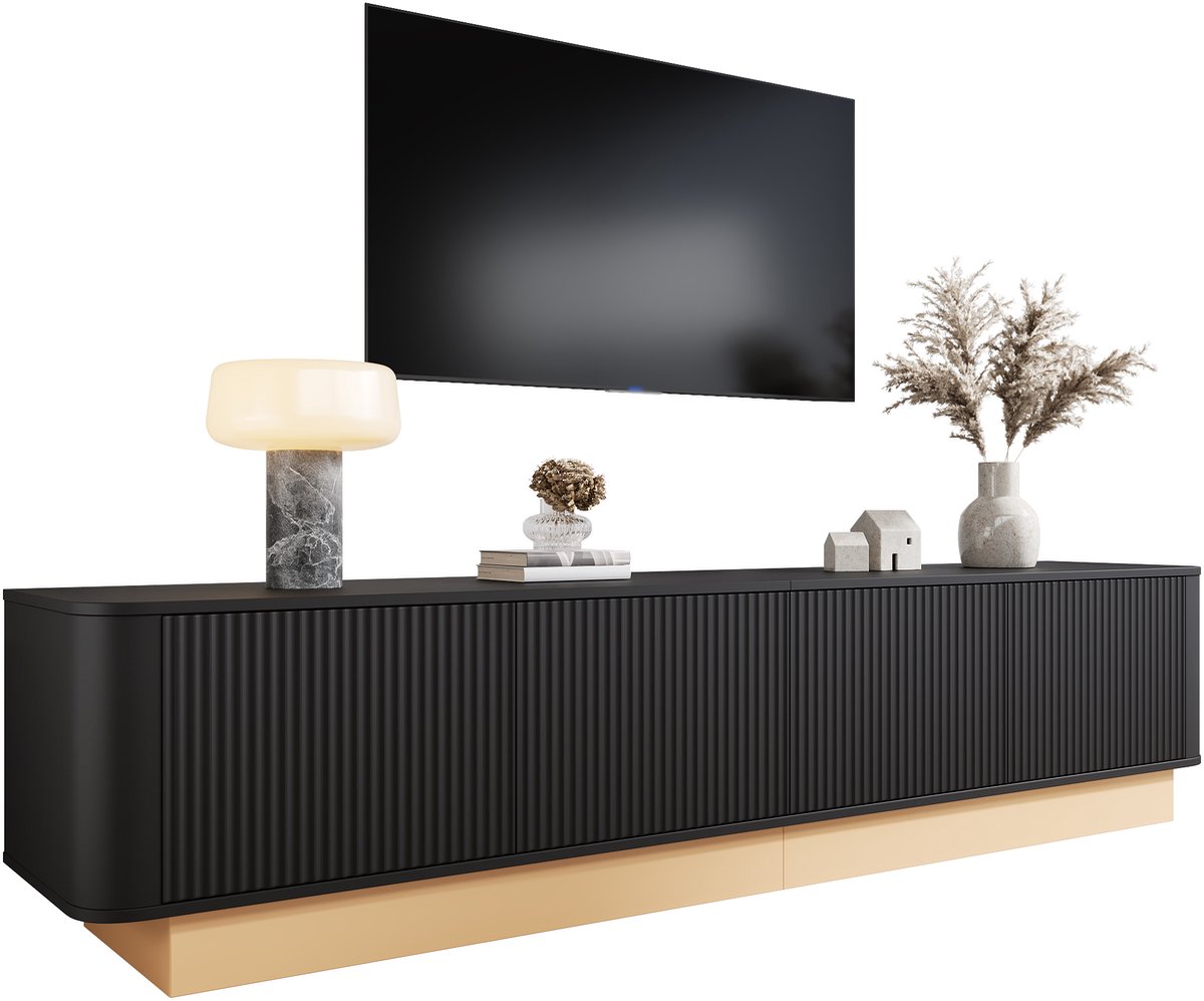 Clruro TV-Meubel - 200 cm - Met 4 Deuren En Verstelbare Planken - Geribbeld Design - MDF - Natuur zwart
