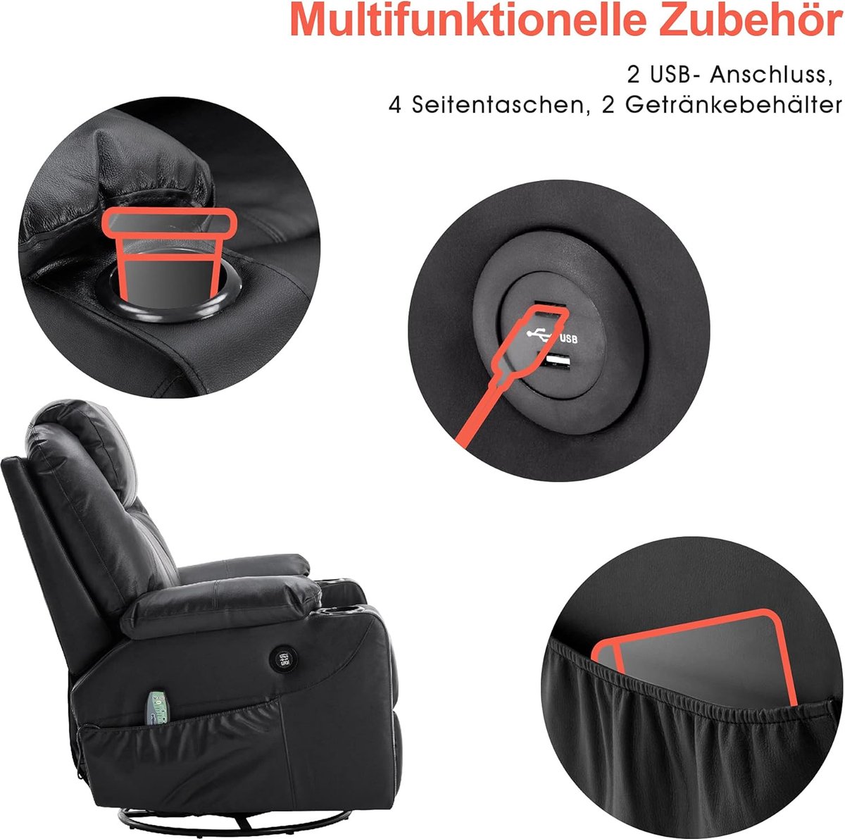 Relaxstoel Massagefauteuil 96 x 97 x 109 cm – Luxe Rundleer, Verwarming, 8-Punts Massage, USB-Aansluiting, Handmatig Verstelbaar, Zwart – HomebyNicole