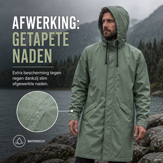 Groene regenjas met getapete naden, getoond op een man. Zoom detail met waterdruppels.