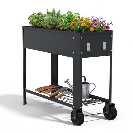 Verhoogde Plantenbak met Wielen 80x35x80 cm – Verrijdbare Kweektafel Buiten – Plantenbak op Poten met Opbergrek – Balkon & Tuin – Zwart