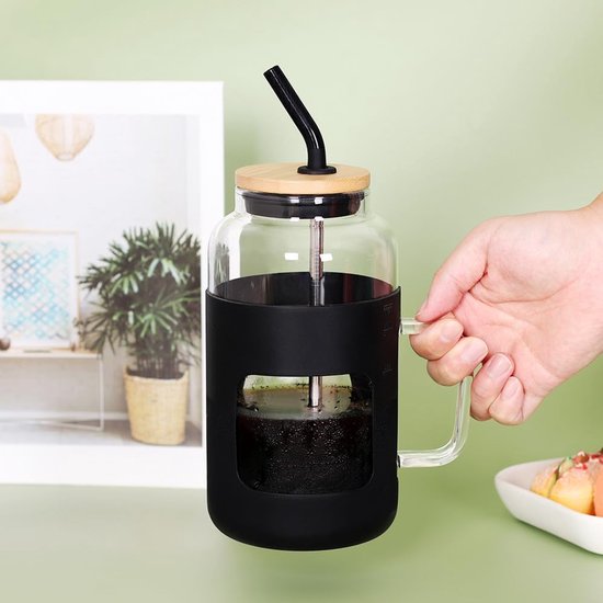 Glazen mok van 1500 ml - Hittebestendige siliconen waterfles - Met deksel, rietje en handvat - BPA-vrij, geschikt voor ijskoffie - Ook geschikt voor cold brew koffie, melkthee, smoothies en cocktails - Roze — afbeelding 3