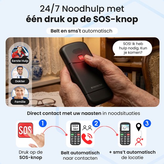 Een hand drukt op de rode SOS-knop van een zwarte telefoon. Tekst: 24/7 noodhulp met één druk op de SOS-knop.