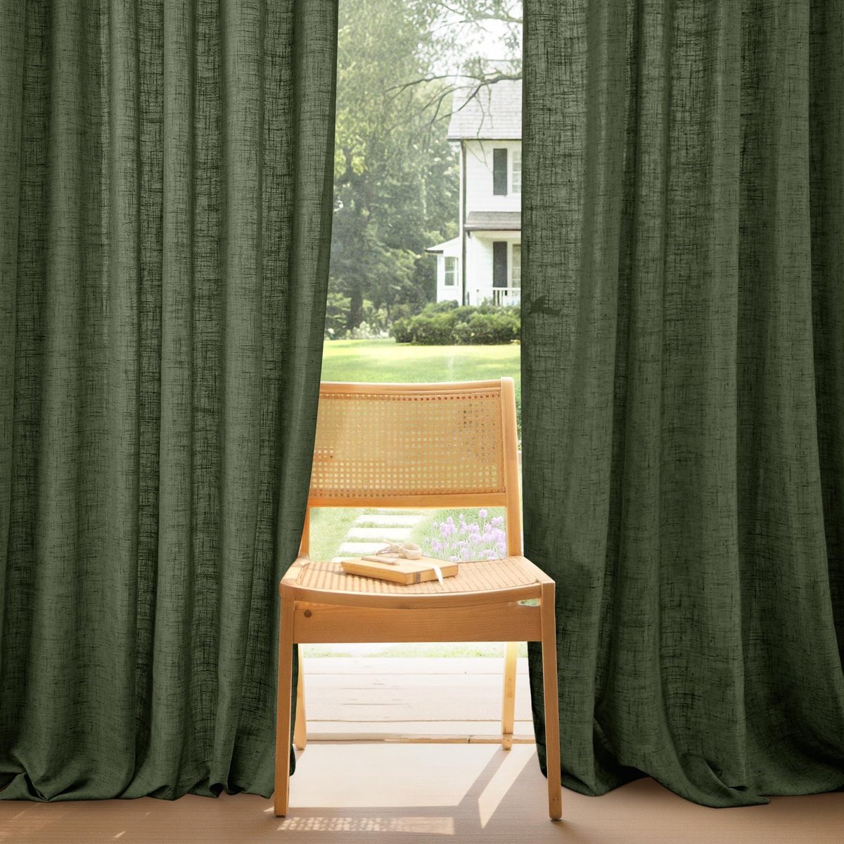 PONY DANCE Mossgroene Linnenachtige Gordijnen 300x245 cm Semi Transparant voor Woonkamer en Slaapkamer