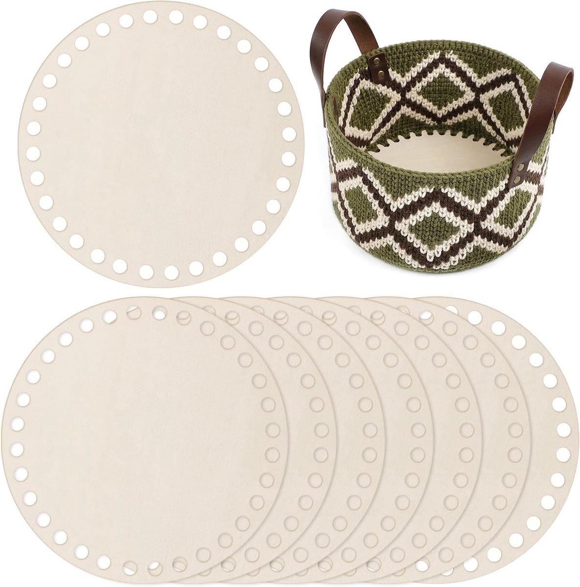 Gehaakte mandbodem 15 cm, set van 8 stuks, ronde houten bodem met gaten voor mandvlechten, haakmanden en kunsthandwerk