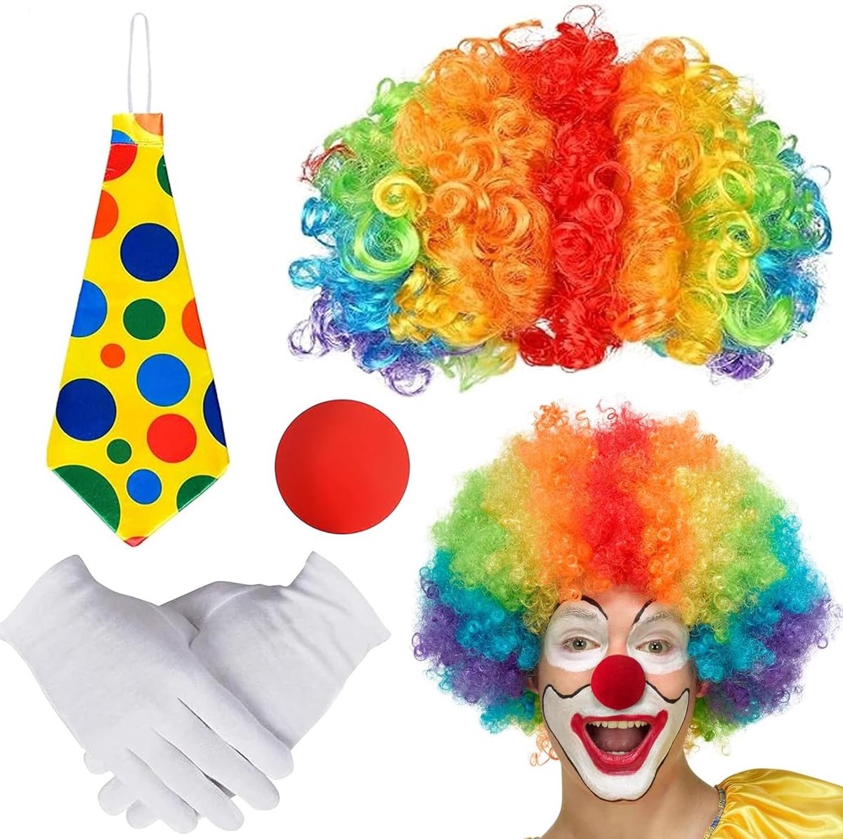 Set van 4 clowns kostuum accessoires met pruik, neus, stropdas en handschoenen voor carnaval en cosplay feestjes
