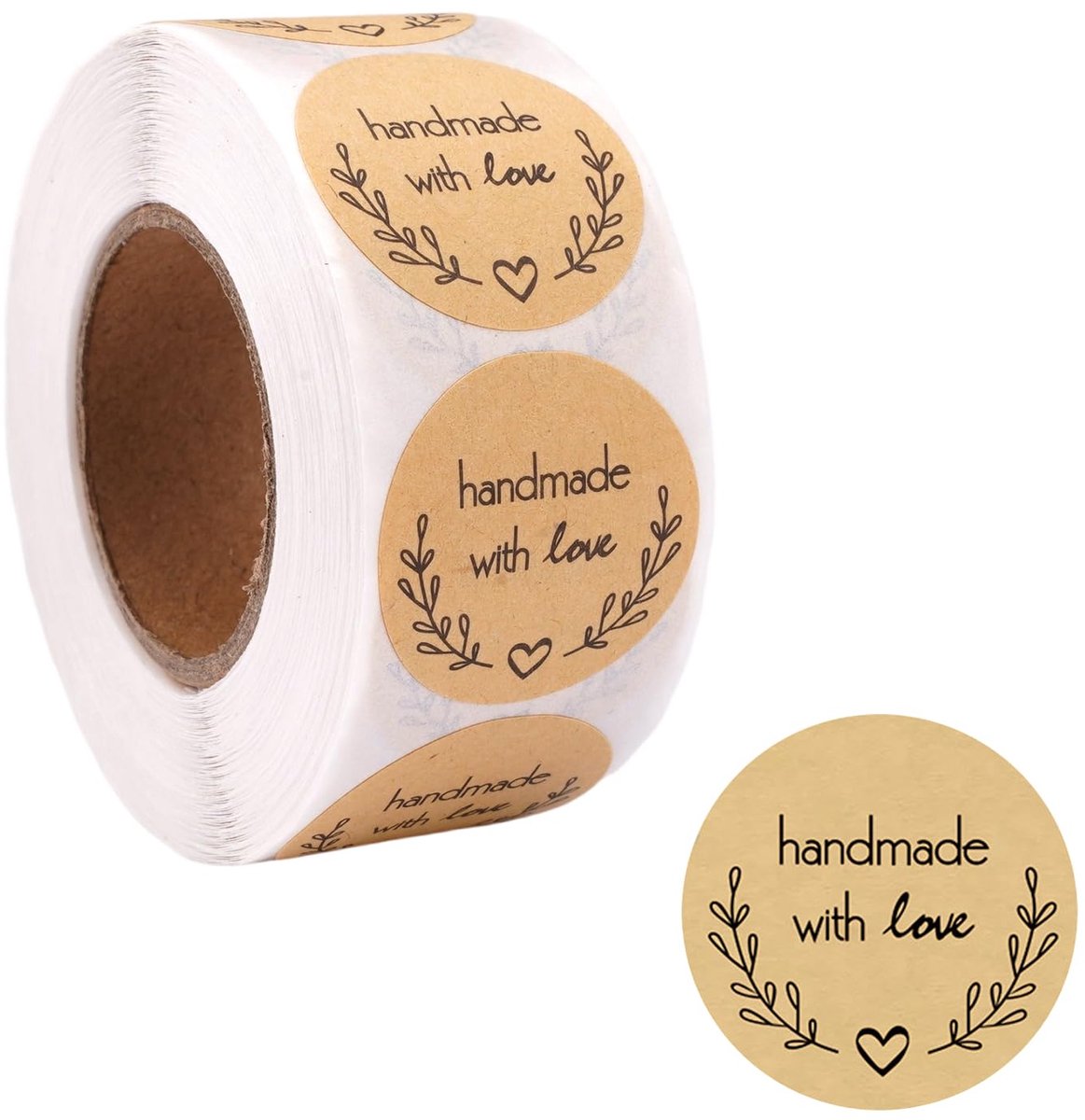 carmdering - Handgemaakte Met Liefde Stickers - Handgemaakte Met Liefde Labels - Ronde Zelfklevende Etiketten - Waterdicht Oppervlak - Sterke Kleefkracht - Robuust Kraftpapier - Rustieke Bruine Uitstraling - Ideaal Voor Cadeauverpakking - 500 Stuk