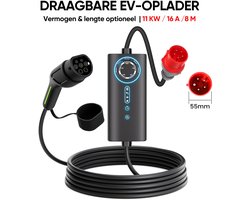 Junsun Draagbare/wandgemonteerde oplaadkabel | 11kW 16A 3-Fase EV Laadkabel - Type 2 Laadpaal , 8M Kabel & Opbergtas - 6A/8A/10A/13A/16A Schakelbaar - IEC62196-2 & IP67 - CEE-stekker met aarding