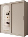 Beige kledingkast met schuifdeuren, waarvan één deur een ovale spiegel heeft met zicht op boeken.