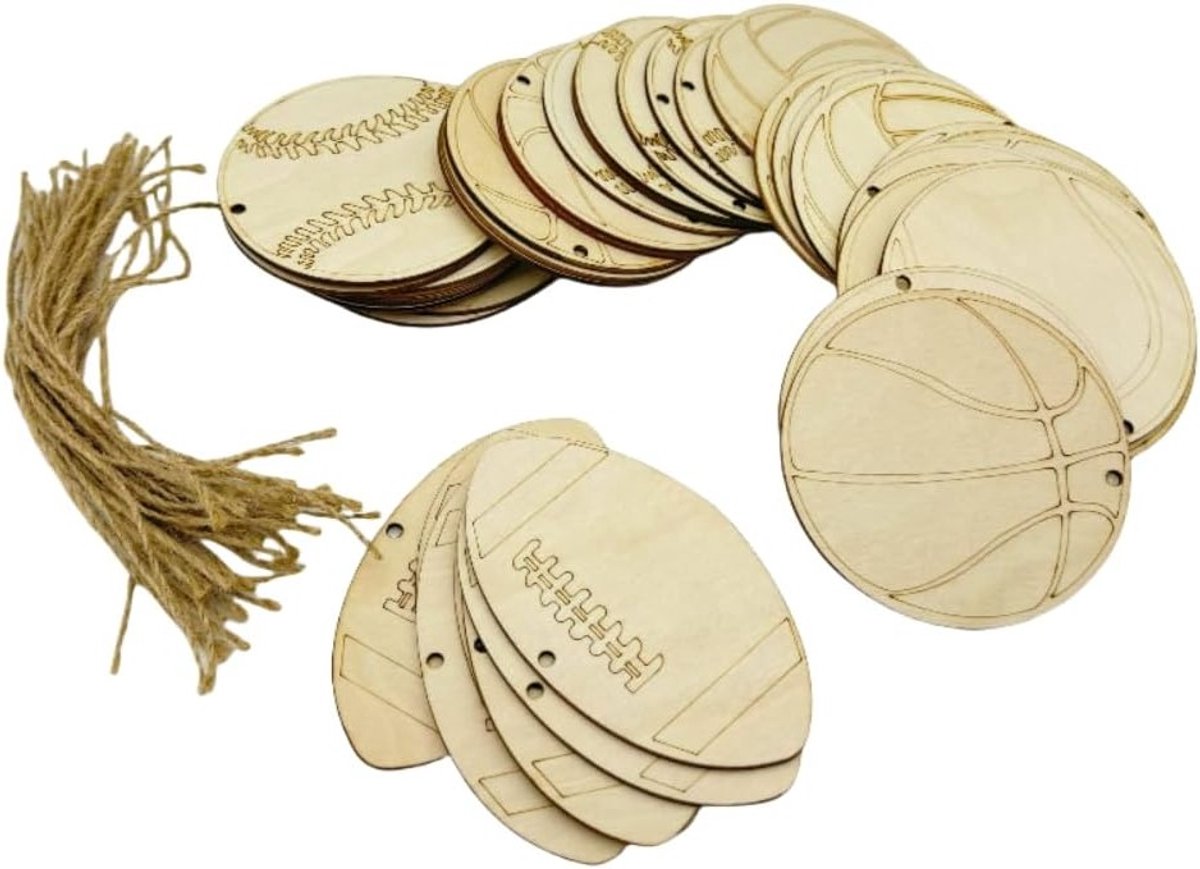 42 stuks onafgewerkte houten sportballen voor ambachten, decoratie en feestversiering, blanke houten vormen voor creatief knutselen