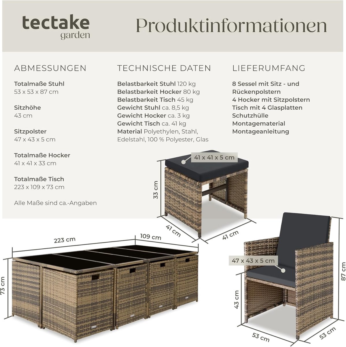 Tuinloungeset 245x335x87 cm Polyrotan – 13-Delige Luxe Lounge Set met 8 Stoelen, 4 Krukken & Tafel met Glas – Weerbestendig Kubus Design voor Tuin, Balkon & Terras – Natuurlijk Donkergrijs – HomebyNicole