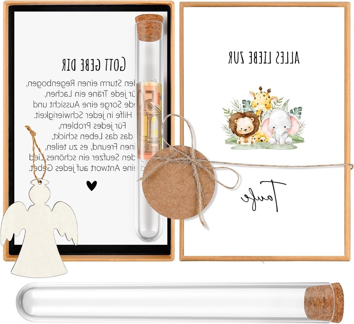 Baptism Gift Geldcadeaus voor Jongens en Meisjes, Doopgeschenken, Testbuisverpakking, Houten Gel en Doopkaart voor Geboorte, Cadeaubon zaad (Dier)