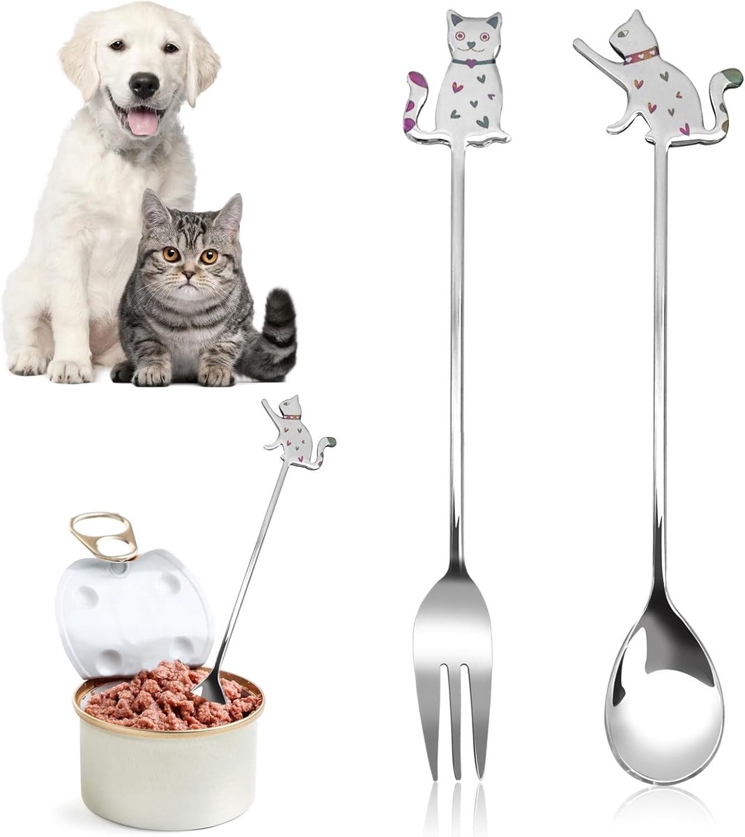 Huisdiervoeding Schep en Vork Set voor Katten - 2 Stuks Roestvrij Staal