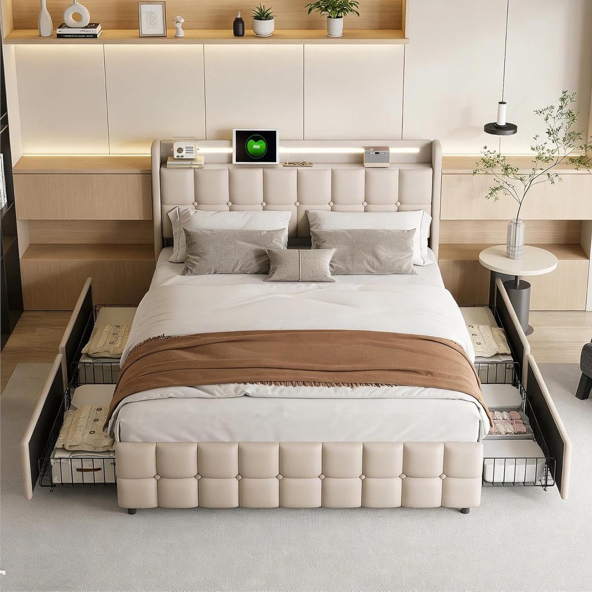 Gestoffeerd Bed - Tweepersoonsbed - Slaapkamer Inrichting - Met LED en USB - 140x200 cm - Beige