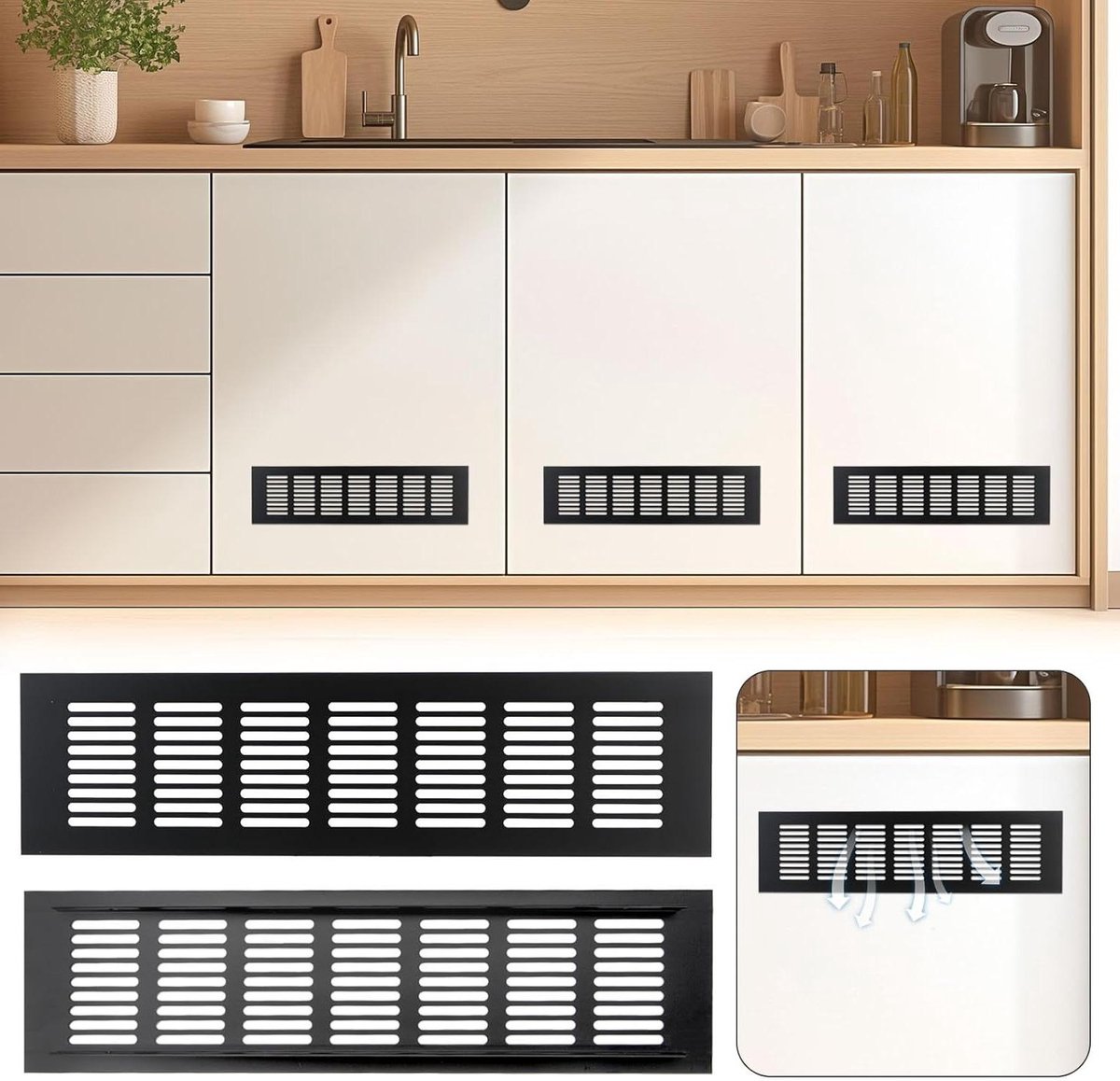 Ventilatieroosters Aluminium - Luchtgaten - Kast Ventilatie - Roestbestendig Ontwerp - 80 x 300 mm - Zwart