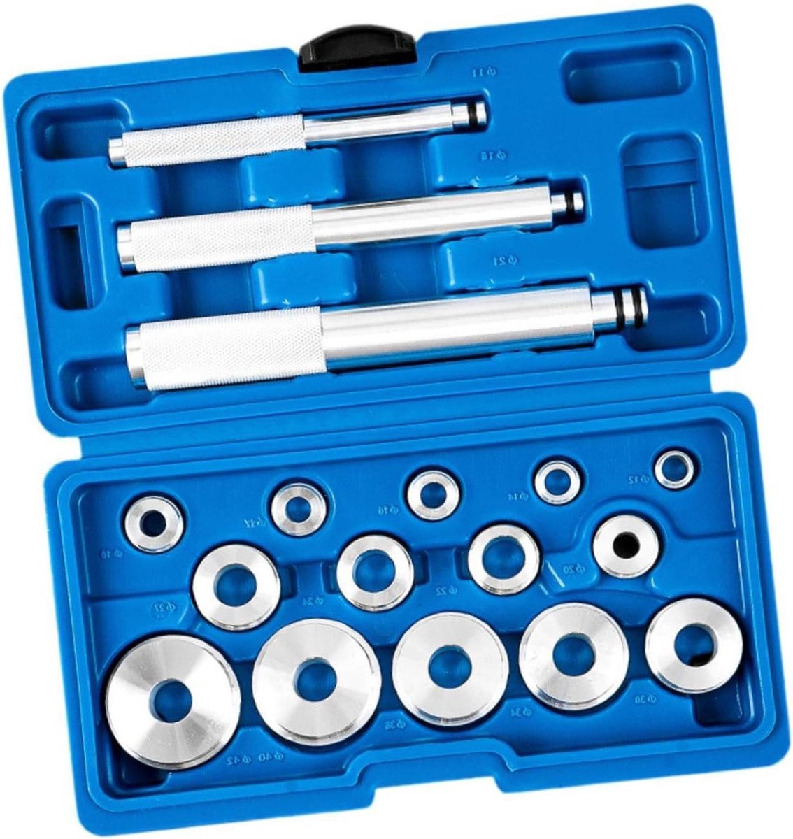 Montageset Wielassenbussen - Lagerring gereedschap - Ophanging Reparatie - 14 Maten Schijven - 21.5 x 11.5 x 5 cm - Aluminium