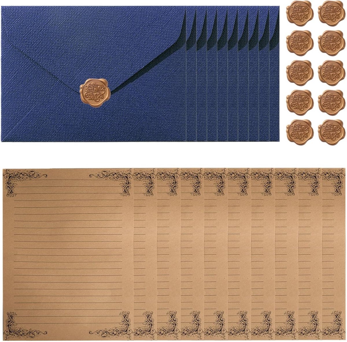 Vintage Briefpapier Set met 10 Enveloppen, 10 Briefpapierbladen en 10 Wasstickers voor Uitnodigingen