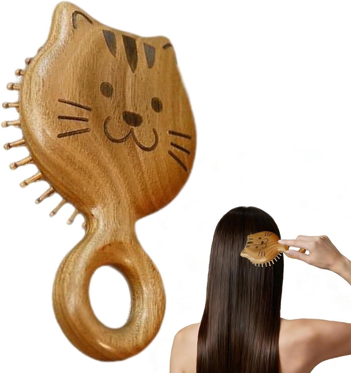 Houten Scalpmassager - Hoofdhuid Borstel - Ontspanning Thuis - Ergonomisch Kattenkop - 16 x 10 x 5 cm - Houtkleur