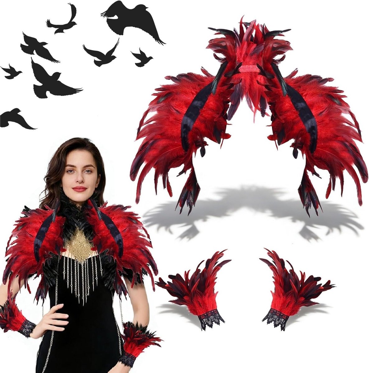 Drieluik van veren capes met manchet, perfecte Halloween outfit, gothic stijl, kostuumaccessoire voor feesten