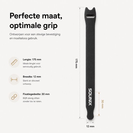 Zwarte kabelbinder, met afmetingen 175 mm lengte, 12 mm breedte en 30 mm fixatie.