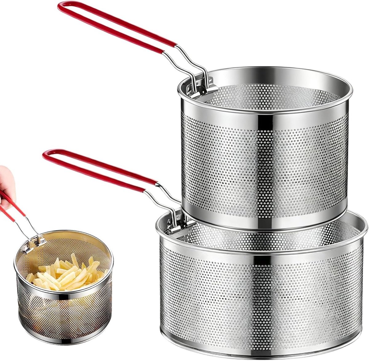 Set van 2 RVS Frituurmanden met Lange Handgreep, Ideaal voor Frituren, Koken en Stomen, 18cm en 20cm