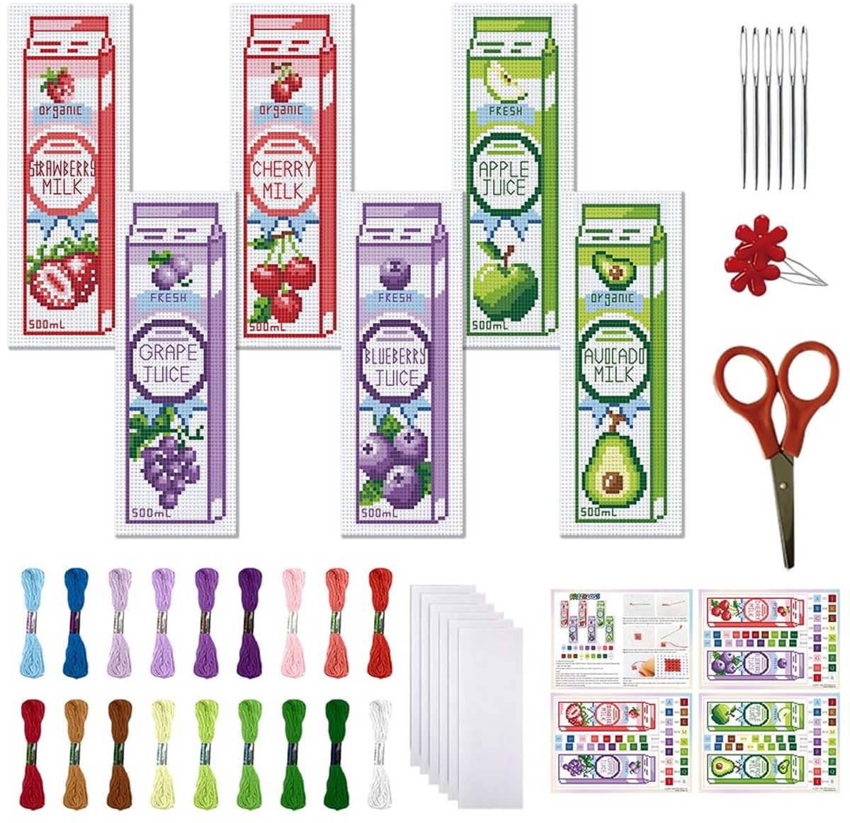 aladdien - Kruissteek Boekenlegger Kit - DIY Borduurset - 6-delige Set voor Beginners - Fruit Juice Patroon - Borduren voor Lezers - Geschikt voor K...