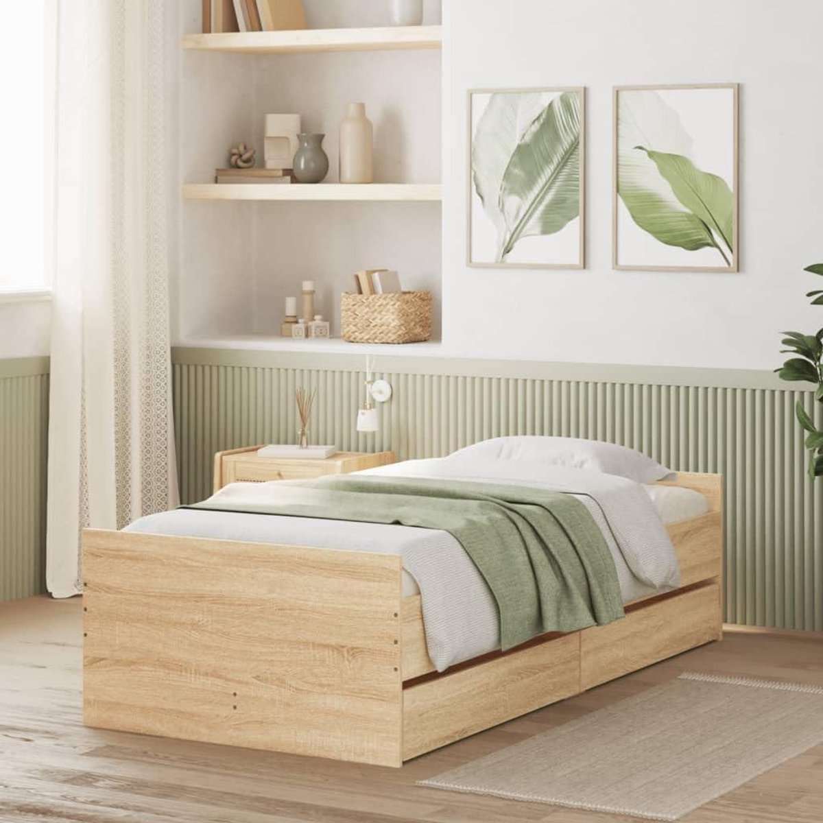 Bedframe met laden - Slaapkamer meubel - Ruimte besparen - Stevig technisch hout - 75 x 190 cm - Sonoma eiken