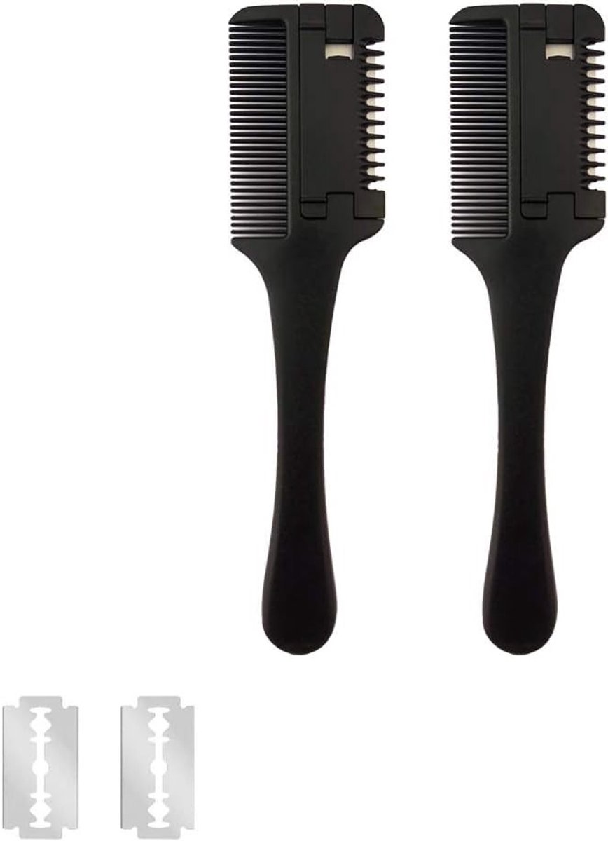 Dubbelzijdige Tondeusekam Set van 2, Inclusief Reservemesjes voor Haarstyling, Uitdunnen en Knippen