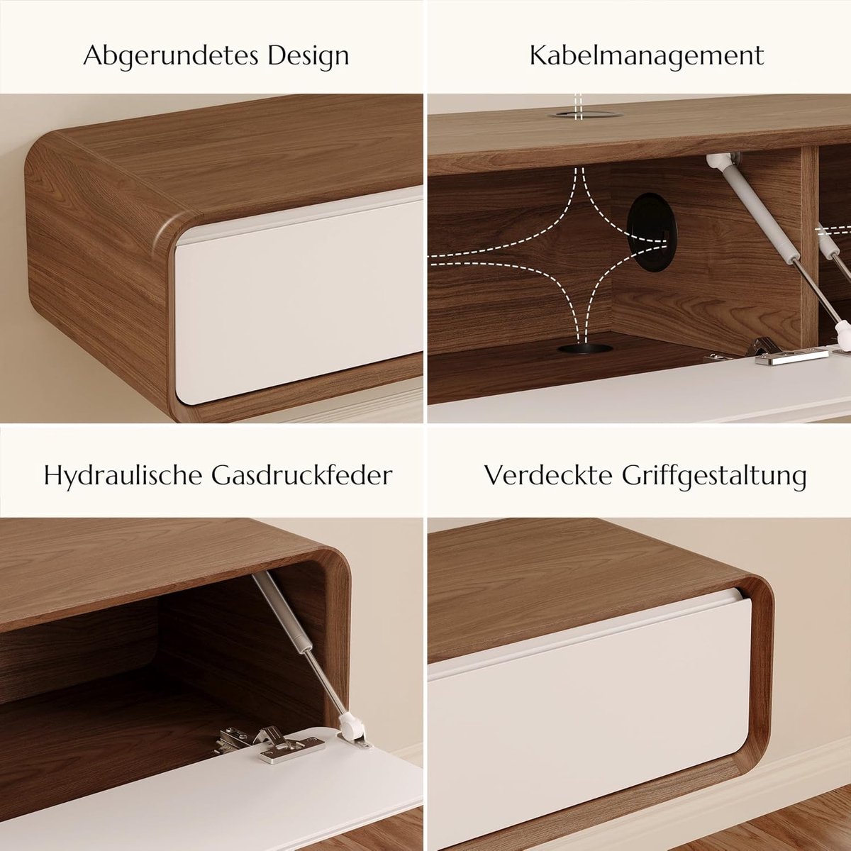 Zwevend TV-meubel 280 cm – Modern Hangend TV Kast met 4 Laden en Kabelbeheer – Wit & Eiken Look Wand TV Meubel van Massief Hout – Minimalistisch Woonkamer Meubel – HomebyNicole