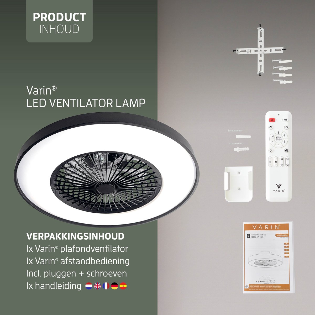Varin® Plafondventilator met verlichting - Zwart - Tuya Wifi - LED RGBW - Ø 60cm - Super stil - Afstandsbediening smart lamp - Plafondlamp slaapkamer - Plafonniere woonkamer - Plafondlampen - Plafond lamp - Verlichting kinderkamer - Ventilator thumbnail 7
