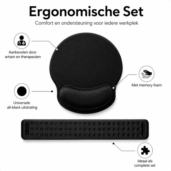 Techidna® - Ergonomische Polssteun Set - Zwart - voor Toetsenbord en Muis - Gelkussen - Antislip