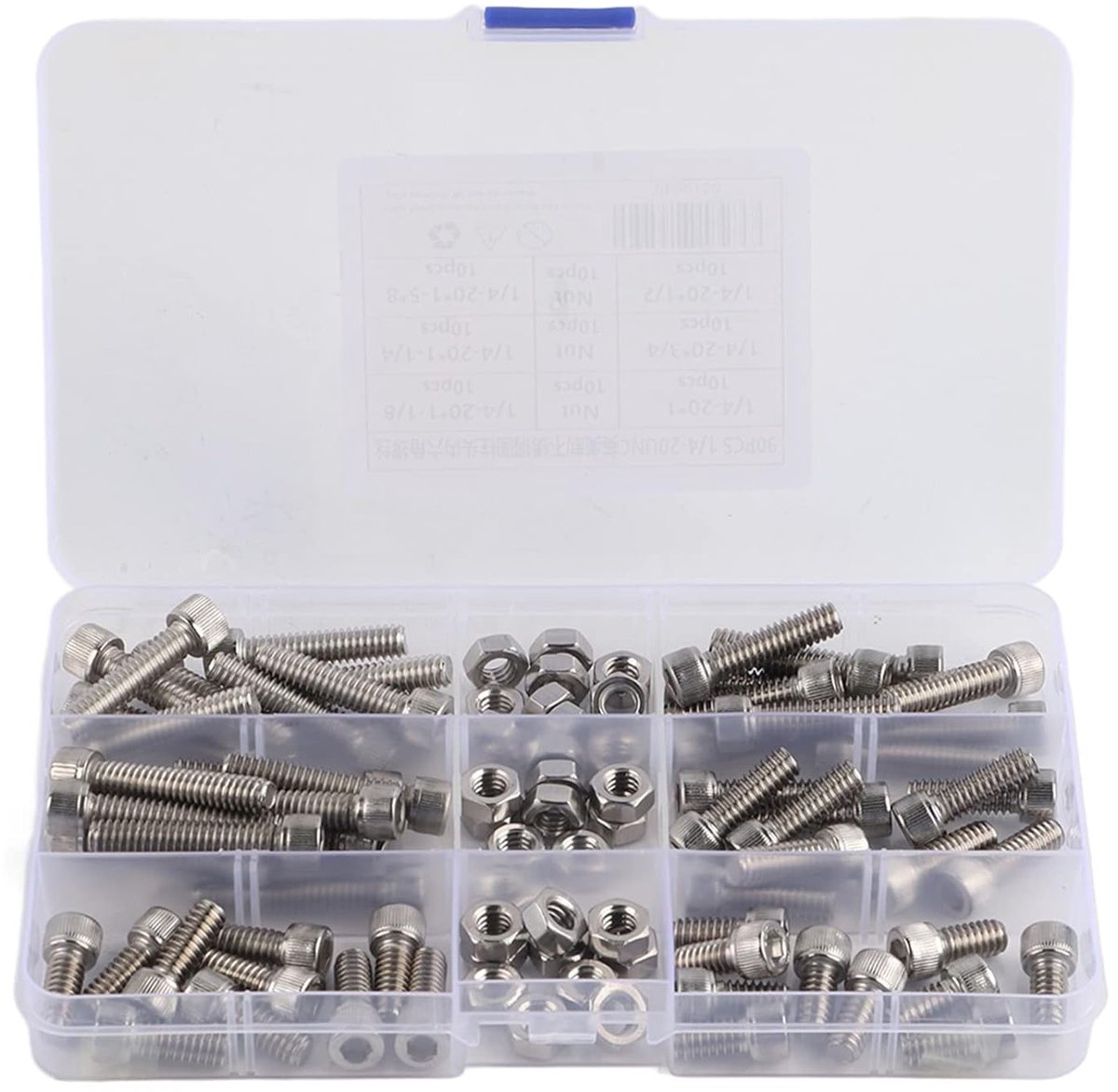Assortiment van 90 RVS schroeven en moeren, 1/4 inch, 1/4-20 UNC, inclusief hex schroeven