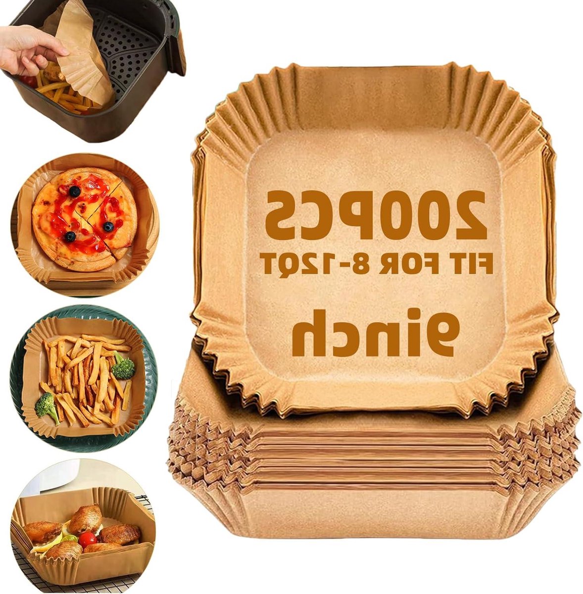 Airfryer Liners - Bakpapier Vellen - Gemakkelijk Bakken - Voedselveilig Materiaal - 200 Stuks - Bruin