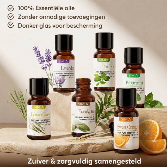 SIMIA Premium Essentiële Oliën Set 100% Natuurlijk - Aromatherapie - olie voor aroma diffuser - 6 x 10ml