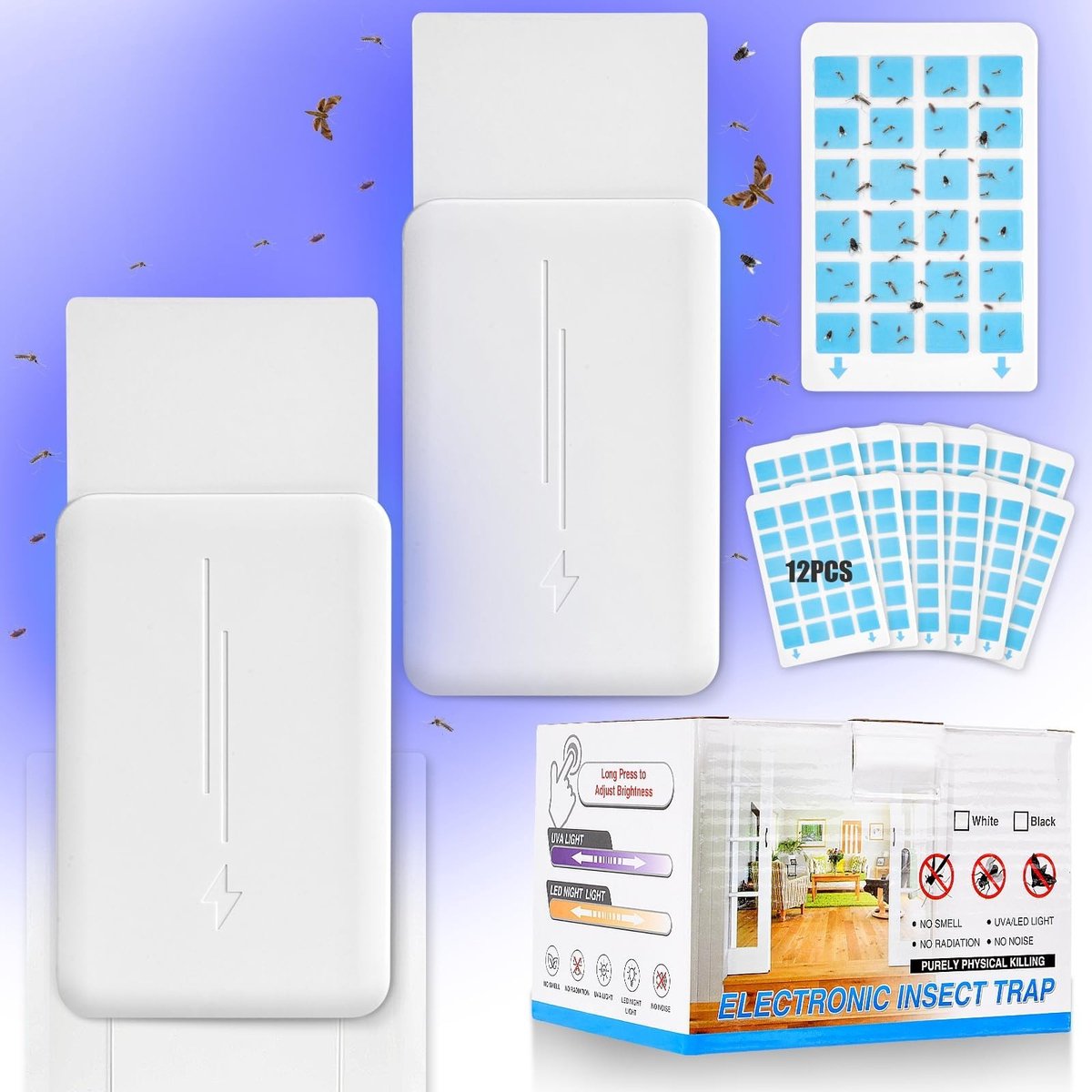 Dailygoods - Dailygoody - Vliegende insectenval - Muggenval - Effectieve insectenbestrijding - Wit - Ideaal voor binnen - Met 12 kleefstickers - Geschikt voor elke